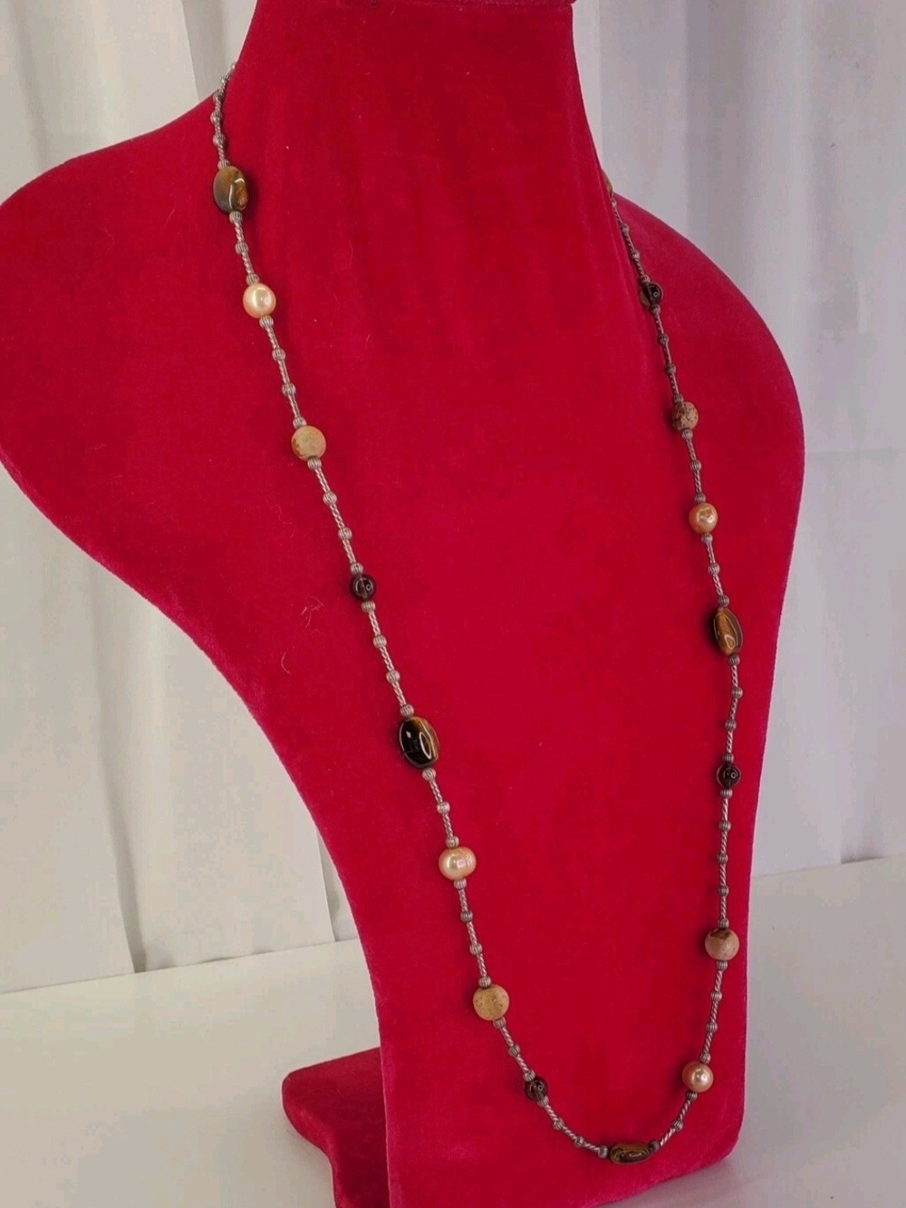 American West Multi-Gemstone 35 Inch Statement Chain W/Tiger Eye, Jasper & Pearl